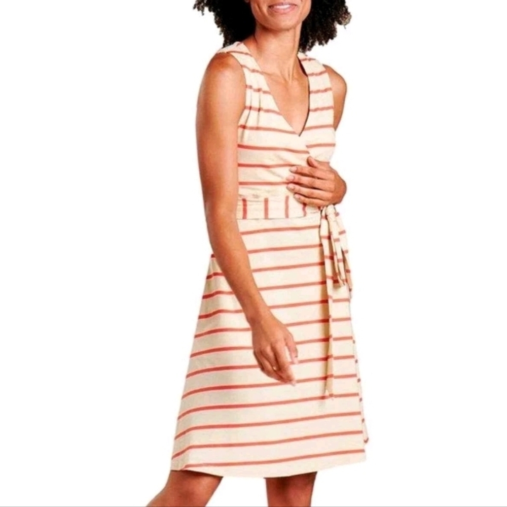TOAD & CO | Cue‎ Sleeveless Striped Organic Cotton Faux Wrap Dress Tie Belt | M